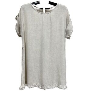 Umgee Women’s Linen / Cotton Short Sleeve Tunic Dress with Frayed Hem, Size S